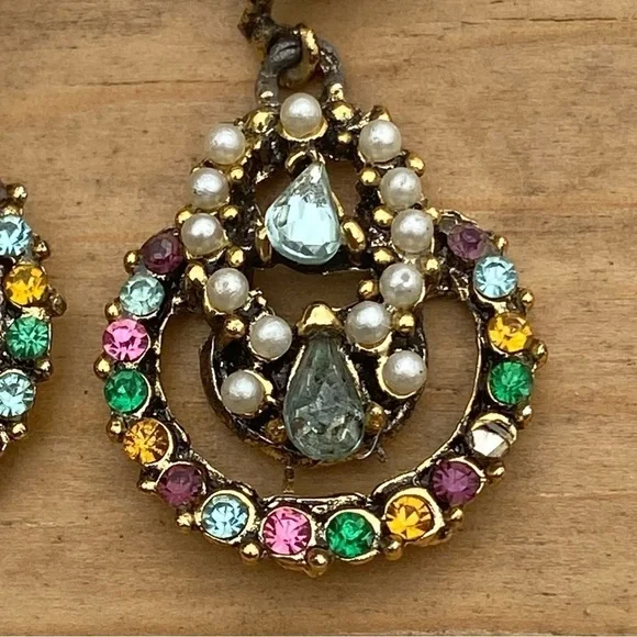 Vintage Faux Pearl Multicolored Rhinestones Dangling Earrings Pierced - Picture 3 of 3